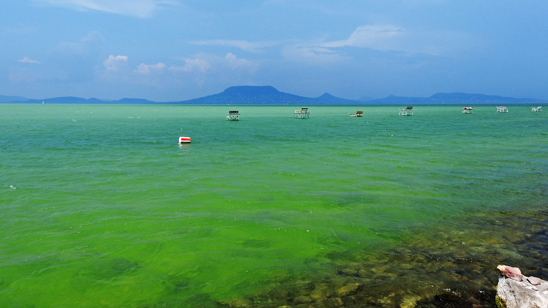 Balaton, Fonyód-Alsóbélatelep strand, vihar előtt. Zöld lett a víz