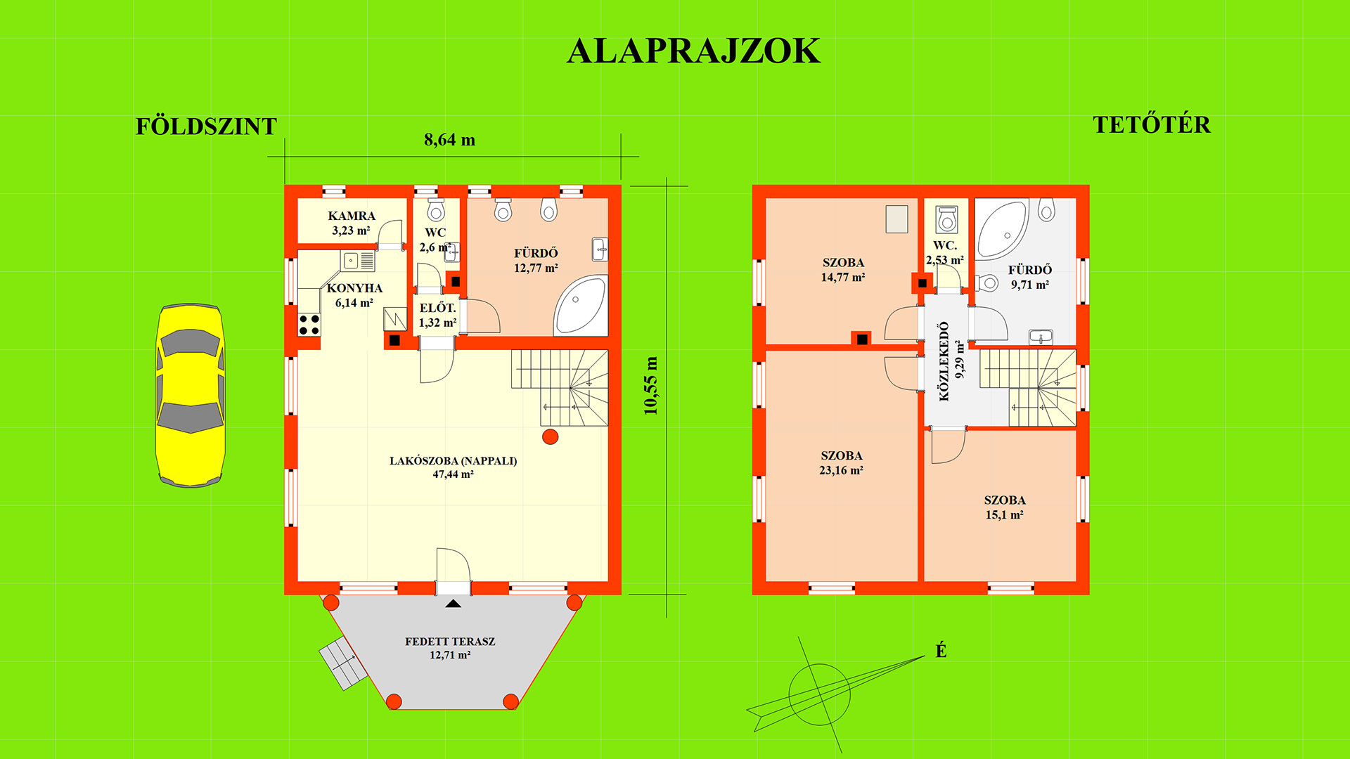 A földszint kb. 73,50 m2, tetőtér kb.74,56 m2. A két szint összesen: 148,06 m2 + fedett terasz kb. 12,71 m2.