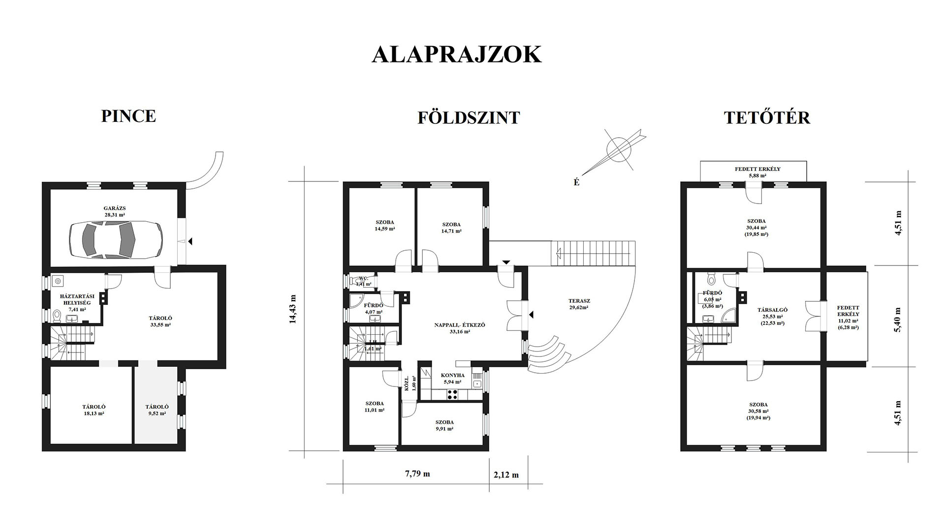 A képen, a háromszintes lakóház alaprajzi elrendezése látható