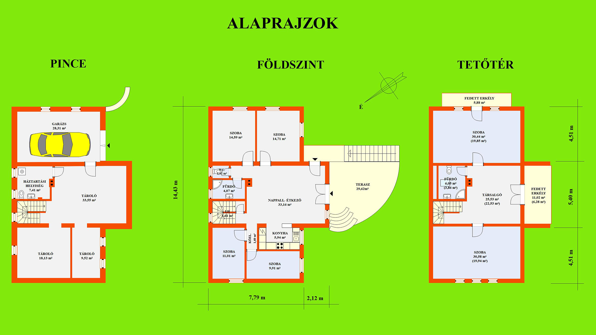 A képen, a háromszintes lakóház alaprajzi elrendezése látható