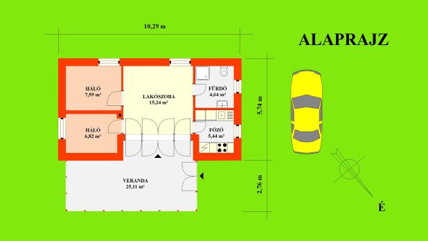 A képen, a 64,84 m2 alapterületű lakóház alaprajzi beosztása látható