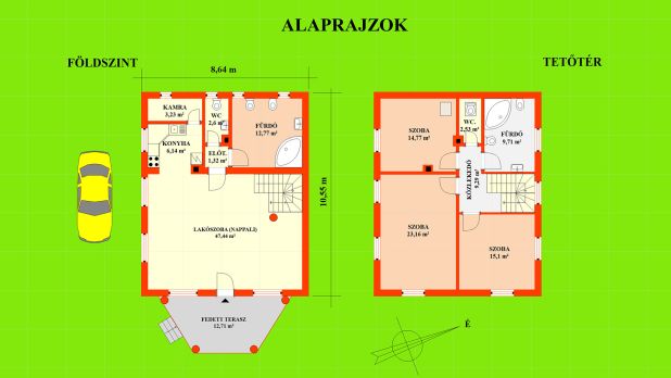 A földszint kb. 73,50 m2, tetőtér kb.74,56 m2. A két szint összesen: 148,06 m2 + fedett terasz kb. 12,71 m2. 
